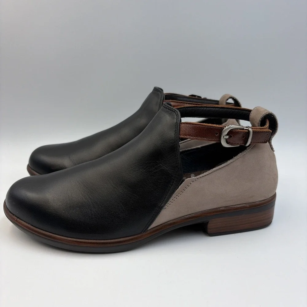 Naot Kamsin Leather Ankle Strap Booties Women's EU38 US7 Black Raven/Stone Brown